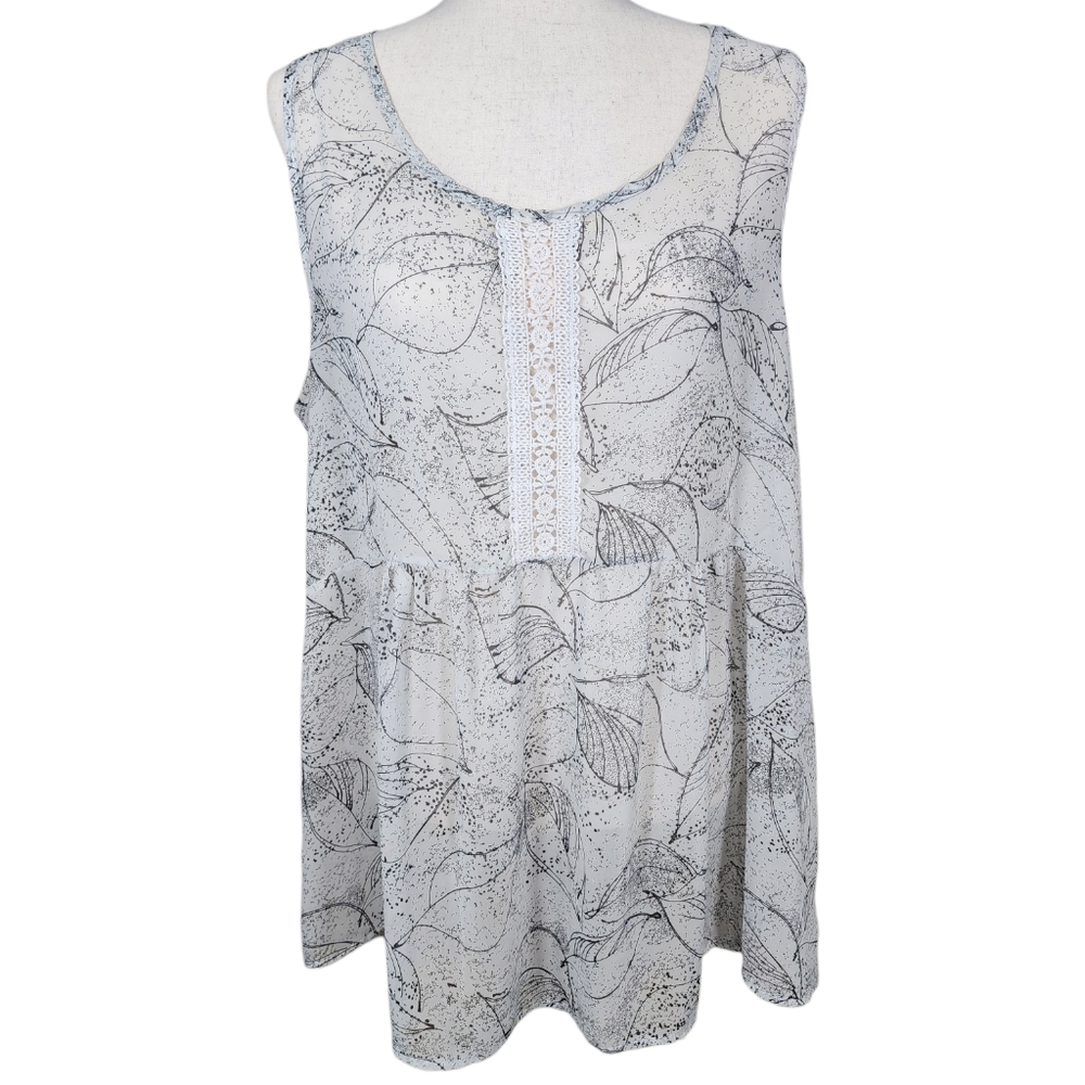 Zenobia Sheer Leaf Print Tank Lace Accent